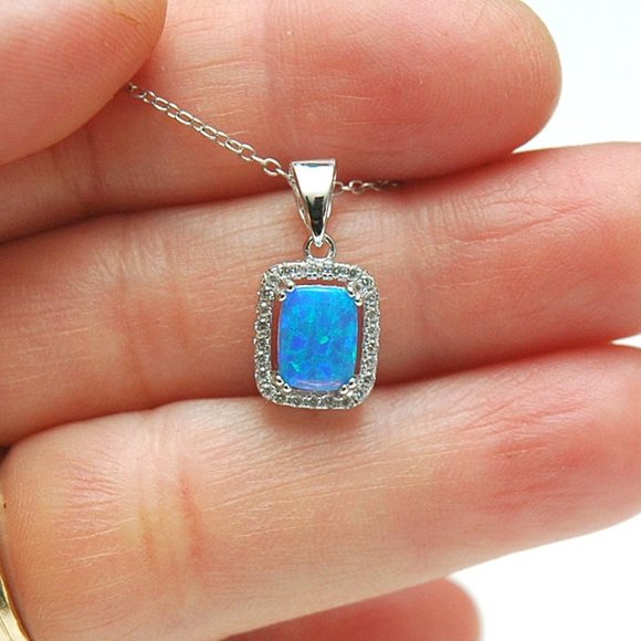 Emerald Cut Opal Pendant Blue/White Opal - Picture 4 of 4